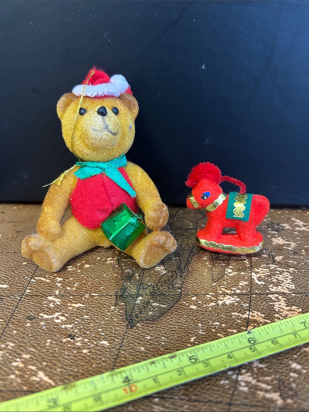 Vintage Flocked Christmas Bear & Rocking Horse Ornament Set of 2 READ